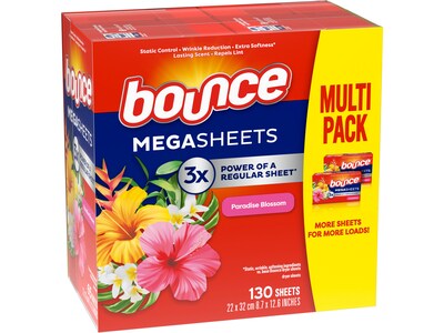 Bounce Mega Dryer Sheets, Paradise Blossom Scent, 130 Sheets/Pack (05151)