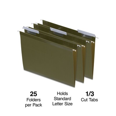 Quill Brand® 100% Recycled Premium Reinforced 3-Tab Hanging File Folders, Letter Size, Green, 25/Box (76213P)
