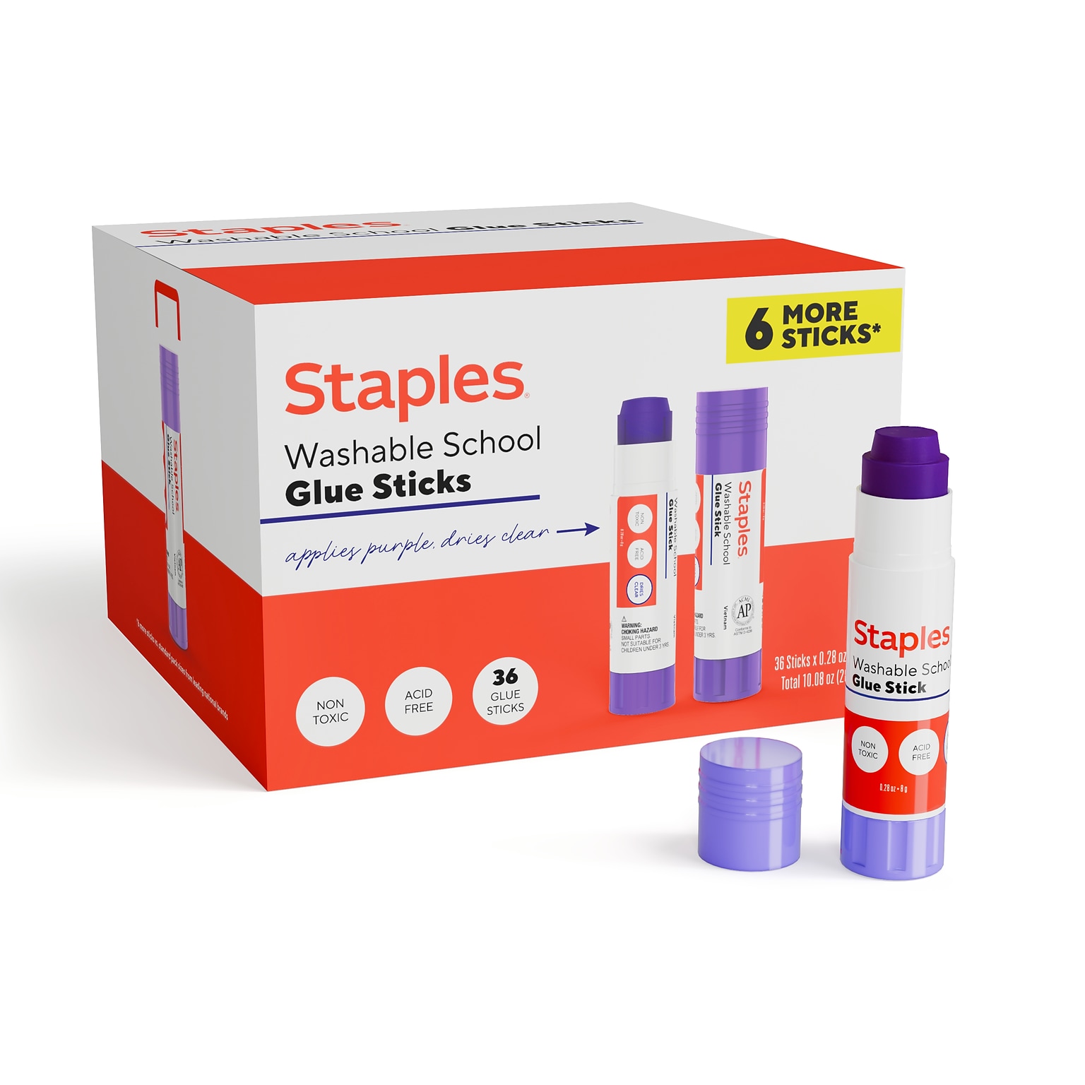 Staples Washable Glue Sticks, 0.28 oz., Purple, 36/Pack (ST63019-CC)