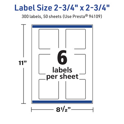 Avery TrueBlock Laser/Inkjet Square Multipurpose Labels, 2.75" x 2.75", White, 300/Box (94109)
