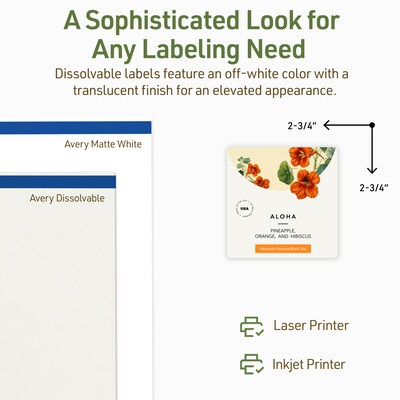 Avery Dissolvable Square Multipurpose Labels, 2.75" x 2.75", Off-white, 150/Pack (94109)