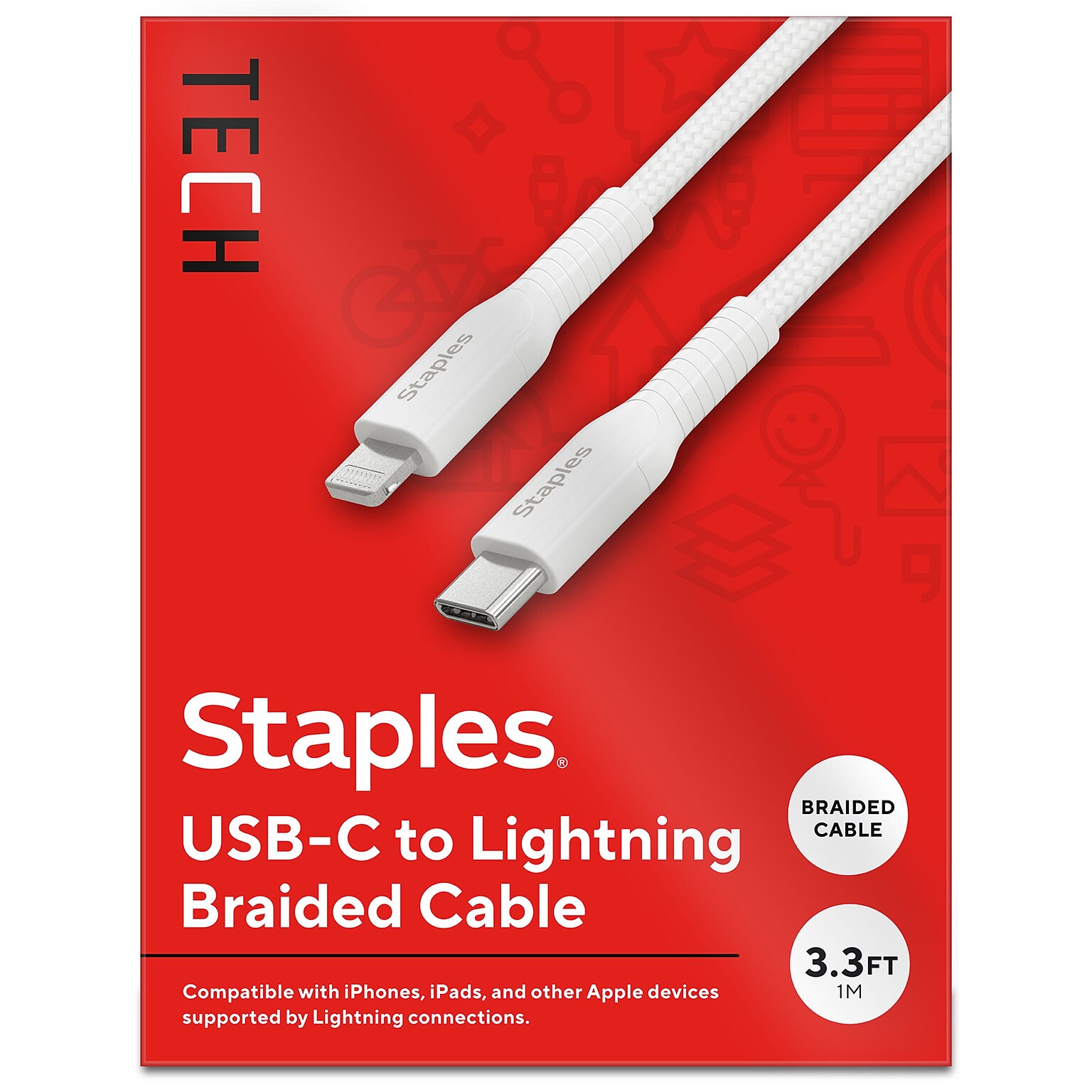 Staples TECH Lightning to USB-C Charging Cable, 3.3 ft., White (ST62332)