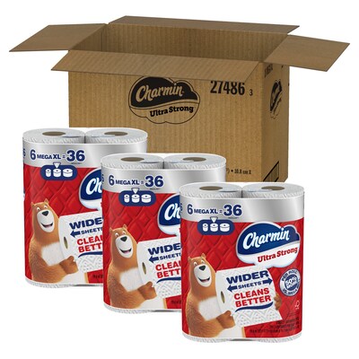 Charmin Ultra Strong Mega XL Toilet Paper, 2-Ply, White, 297 Sheets/Roll, 6 Rolls/Pack, 3 Packs/Cart