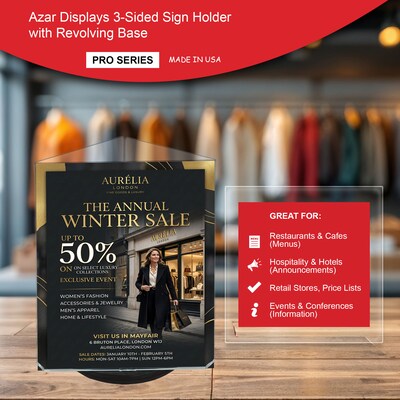 Azar Letter 8.5" x 11" 3-Sided Rotating Menu Sign Holder, Desktop/Countertop, Top Loading, Clear, Acrylic (193732-BLK)