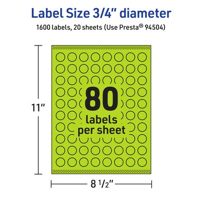 Avery Laser/Inkjet Multipurpose Circle Labels, 0.75" Dia., Bright Green, 1600/Pack (94504)
