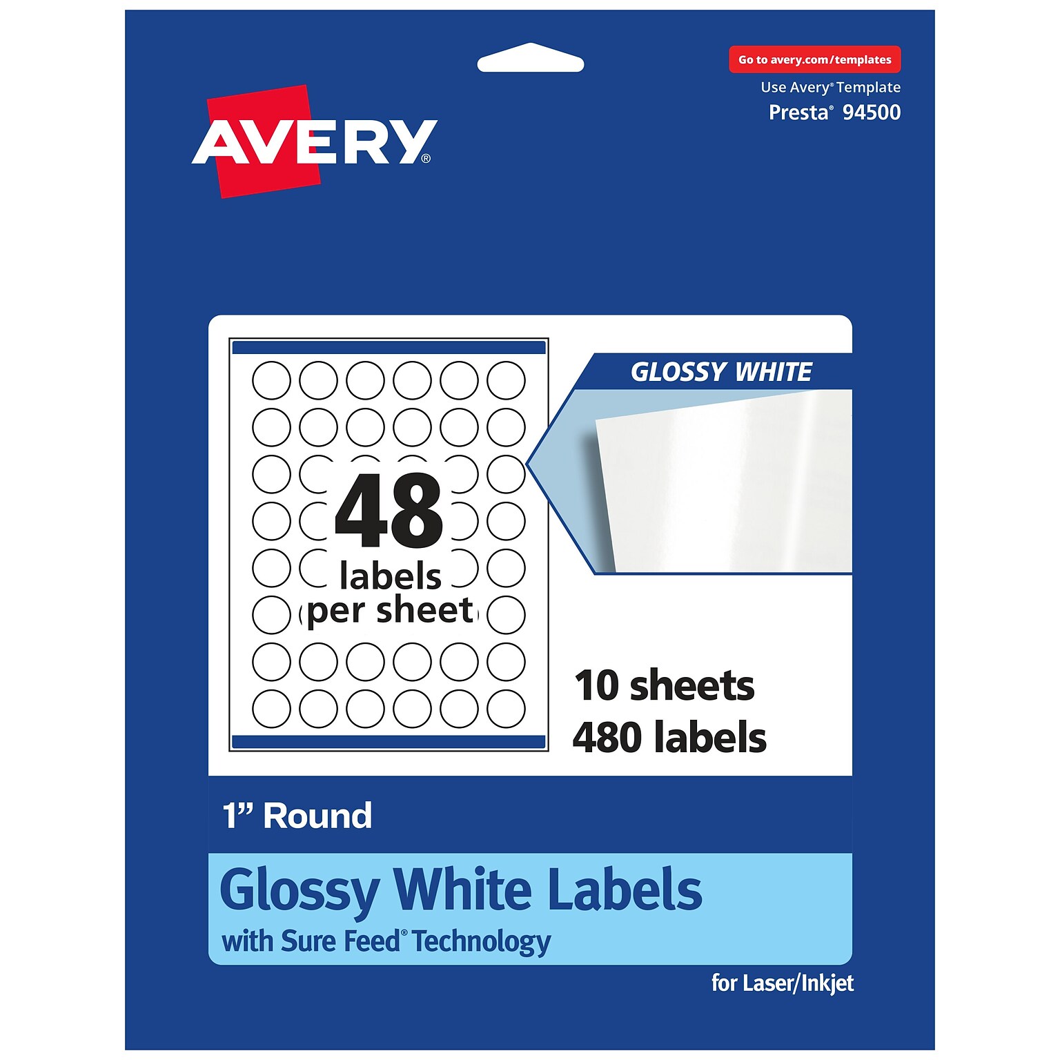 Avery Laser/Inkjet Round Multipurpose Labels, 1 Dia, Glossy White, 480 Labels/Pack (94500)