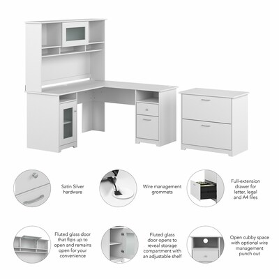 Bush Furniture Cabot 60" L-shaped Computer Desk with Hutch and Lateral File Cabinet, White (CAB005WHN)