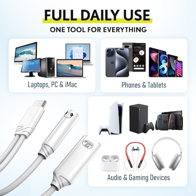 Overtime USB-C to USB-C & 3.5mm Audio and 100W Charging Splitter Adapter, White (OADCTC35WH)