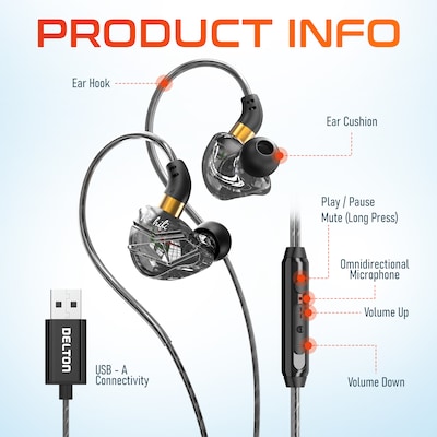 Delton 31E Ergonomic In-Ear USB-A Computer Earbuds, Black (DWH31EBK)