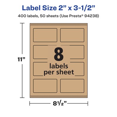 Avery Laser/Inkjet Rectangle Labels, 2" x 3.5", Kraft Brown, 400 Labels/Box (94238)