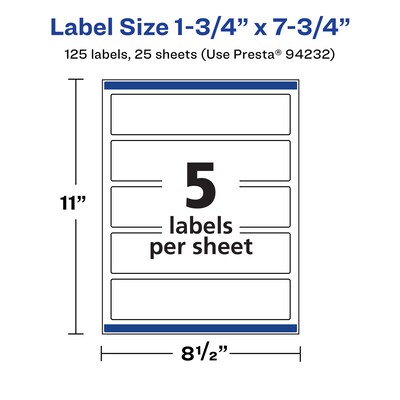 Avery Laser/Inkjet Rectangle Multipurpose Labels, 1.75" x 7.75", White, 125 Labels/Pack (94232)
