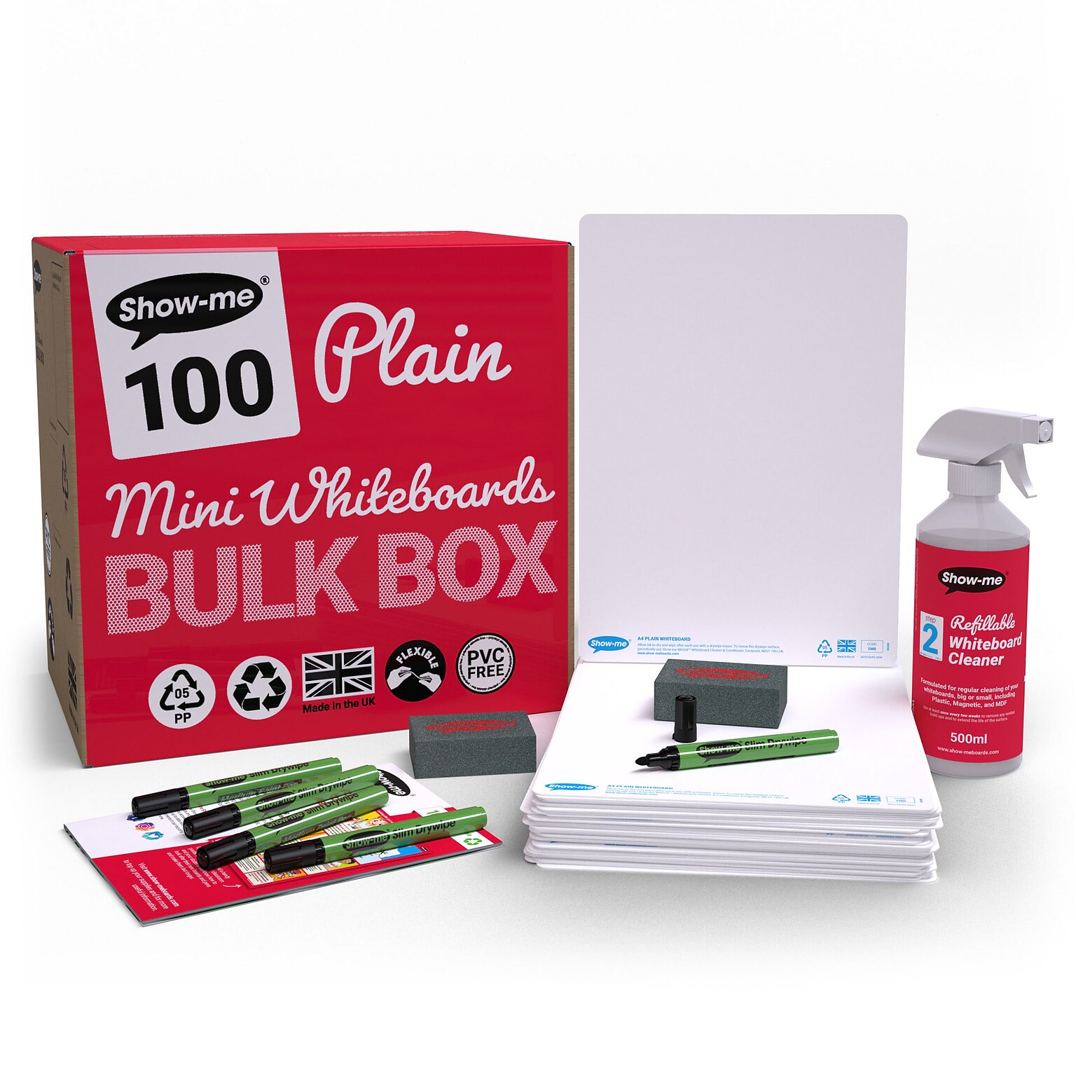 Show-me Plain/Plain Whiteboards, with Pens, Erasers & Cleaner, 8 x 12, 100/Set (EPTBSMBX)