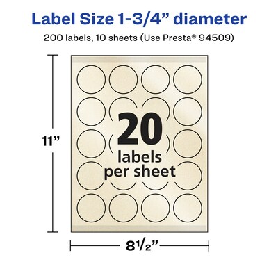 Avery Pearlized Ivory Circle Multipurpose Labels, 1.75" Dia., Ivory, 200/Pack (94509)