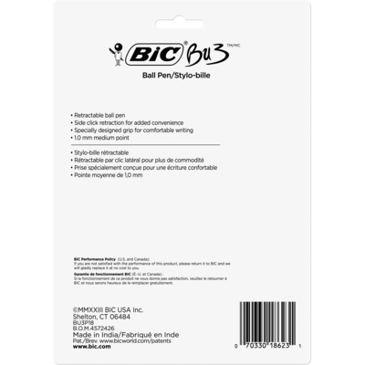 BIC BU3 Retractable Ballpoint Pens, Medium Point, 1.0mm, Black Ink, 18/Pack (BU3P18-BLK)
