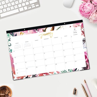 2027 Blue Sky Magenta Blooms 17" x 11" Monthly Desk Pad Calendar, Pink/White (149057-27)