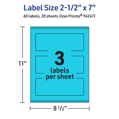 Avery Printable Rectangle Multipurpose Labels, 2.5" x 7", Bright Blue, 60/Pack (94247)