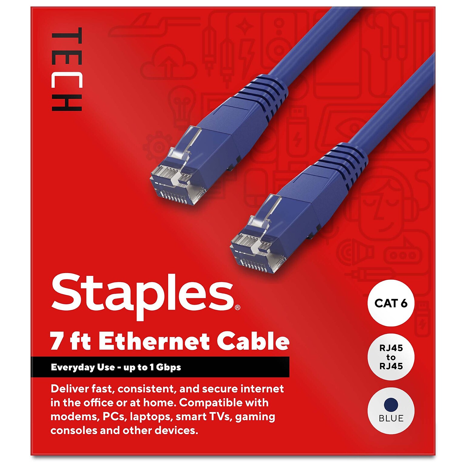 Staples TECH 7 ft. Cat-6 Ethernet Cable, Male to Male, Blue (ST62454)