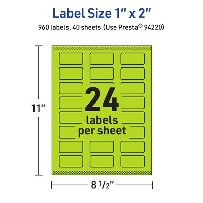 Avery Laser/Inkjet Multipurpose Rectangle Labels, 1" x 2", Bright Green, 960/Pack (94220)