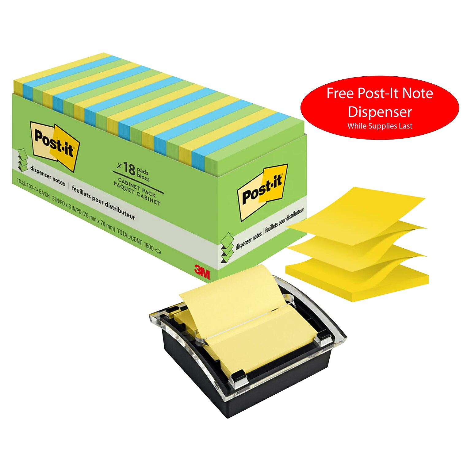 Free Post-It Note Dispenser ($13 value) w/Purchase, 3 x 3 Pop Up Sticky Notes, Floral Collection, 100 Sheet/Pad, 18 Pads/Pack