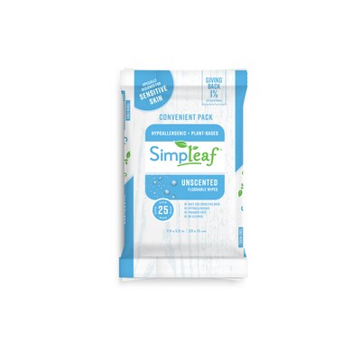 Simpleaf Unscented Flushable Wipes, 25 Single Wipes/Pack, 12 Packs/Box (S-002-12pack)