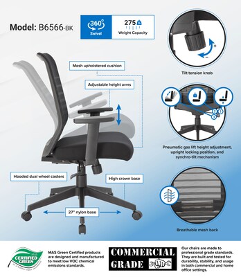 Boss Office Products Ergonomic Mesh Swivel Task Chair, Black (B6566-BK)