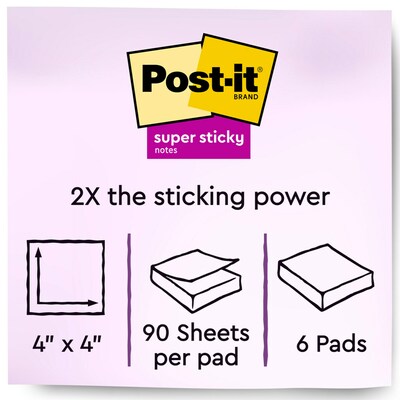 Post-it Recycled Super Sticky Notes, 4 x 4 in., 6 Pads, 90 Sheets/Pad, Lined, 2x the Sticking Power, Wanderlust Pastels