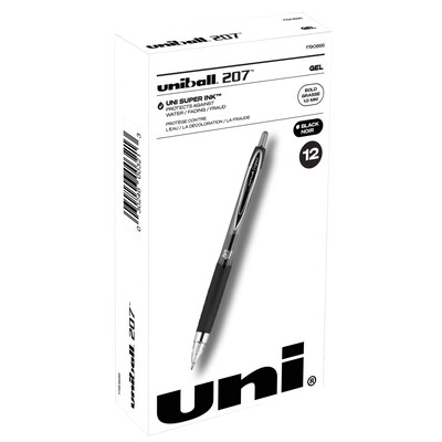 uniball 207 Retractable Gel Pens, Bold Point, 1.0mm, Black Ink, 12/Pack (1790895)