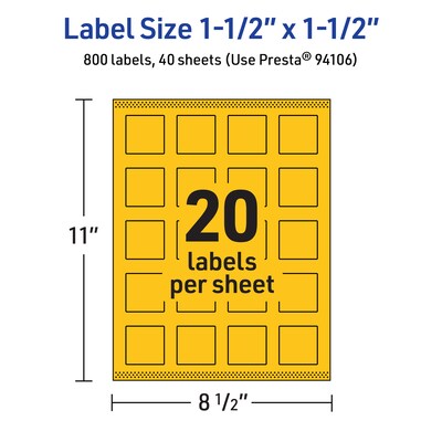 Avery Laser/Inkjet Square Multipurpose Labels, 1.5" x 1.5", Bright Yellow, 800/Pack (94106)