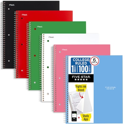 Five Star? Spiral Notebook Plus Study App, 1 Subject, College Ruled, 8.5 x 11, 6 Pack, Asst Colors (820097)