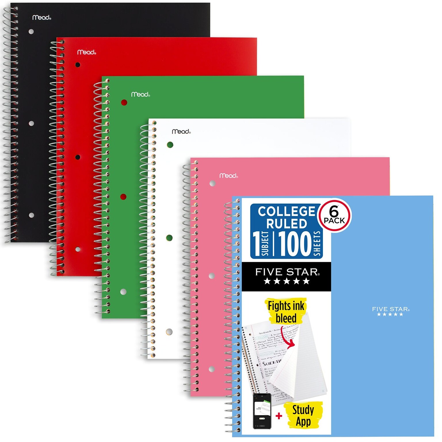 Five Star Spiral Notebook Plus Study App, 1 Subject, College Ruled, 8.5 x 11, 6 Pack, Asst Colors (820097)