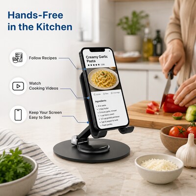 Uncaged Ergonomics Swivel Cell Phone Stand with 360° Rotation and Adjustable Tilt, Foldable Metal Design, Black (SPS-Black)