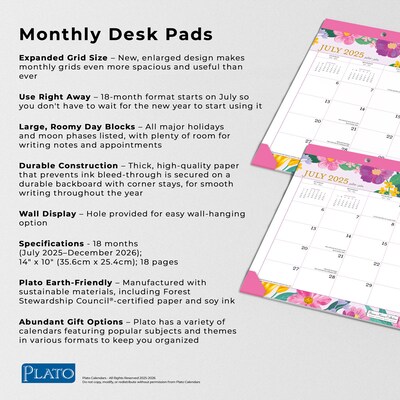 2025-2026 Plato Bonnie Marcus 14" x 10" Academic Monthly Desk Pad Calendar  (9798330700028)