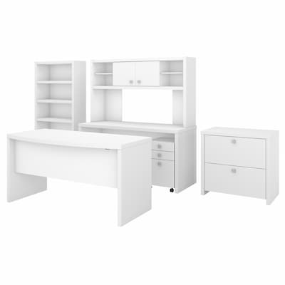 Bush Business Furniture Echo Bow Front Desk, Credenza with Hutch, Bookcase and File Cabinets, Pure W