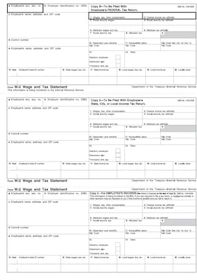 W-2 Individual Forms; Employee Copy B, 2 and C, 3 Forms Per Sheet