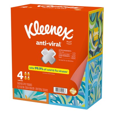 Kleenex Antiviral Facial Tissue, 3-ply, 55 Tissues/Box, 4 Boxes/Pack (54506)