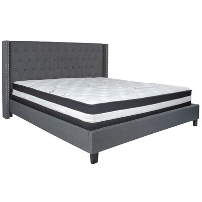 Flash Furniture Riverdale Tufted Upholstered Platform Bed in Dark Gray Fabric with Pocket Spring Mat