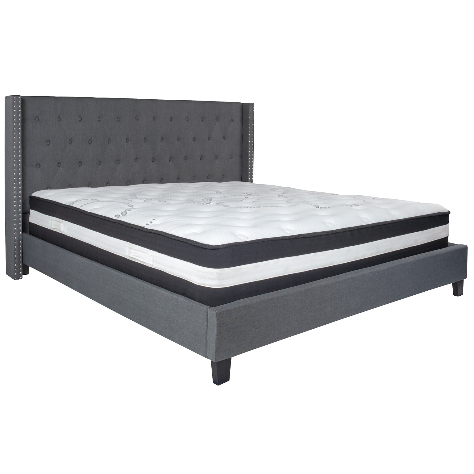 Flash Furniture Riverdale Tufted Upholstered Platform Bed in Dark Gray Fabric with Pocket Spring Mattress, King (HGBM48)