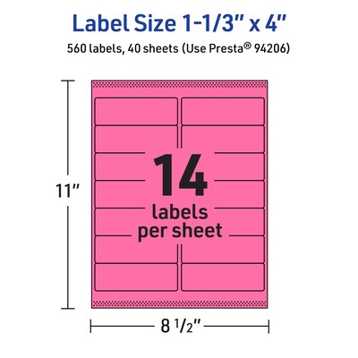 Avery Laser/Inkjet Rectangle Multipurpose Labels, 1-1/3" x 4", Bright Pink, 560/Pack (94206)