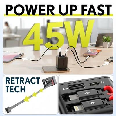 Overtime D36 4-in-1 USB-A/USB-C Wall Charger with USB-C Cables, Black (OCAH36CLBK)