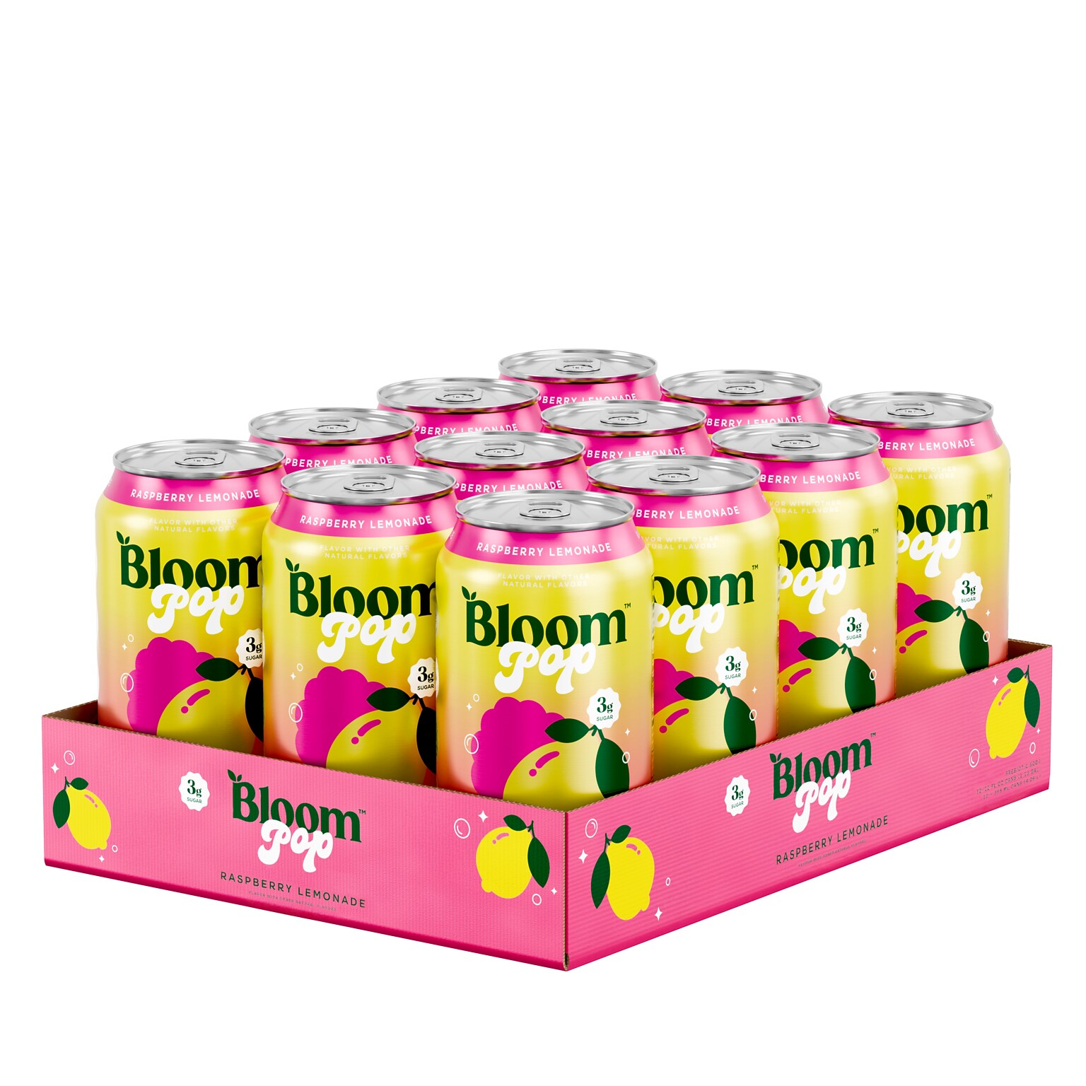 Bloom Pop Prebiotic Raspberry Lemonade Soda, Caffeine Free, 12 oz., 12 Cans/Carton (20040251)