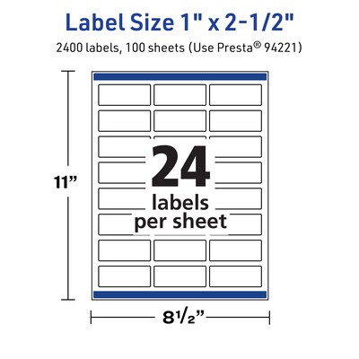 Avery TrueBlock Laser/Inkjet Rectangle Multipurpose Labels, 1" x 2.5", White, 2400/Box (94221)