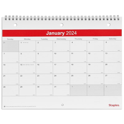 2025 Staples 11 x 8 Wall Calendar, White/Red (ST53915-25)