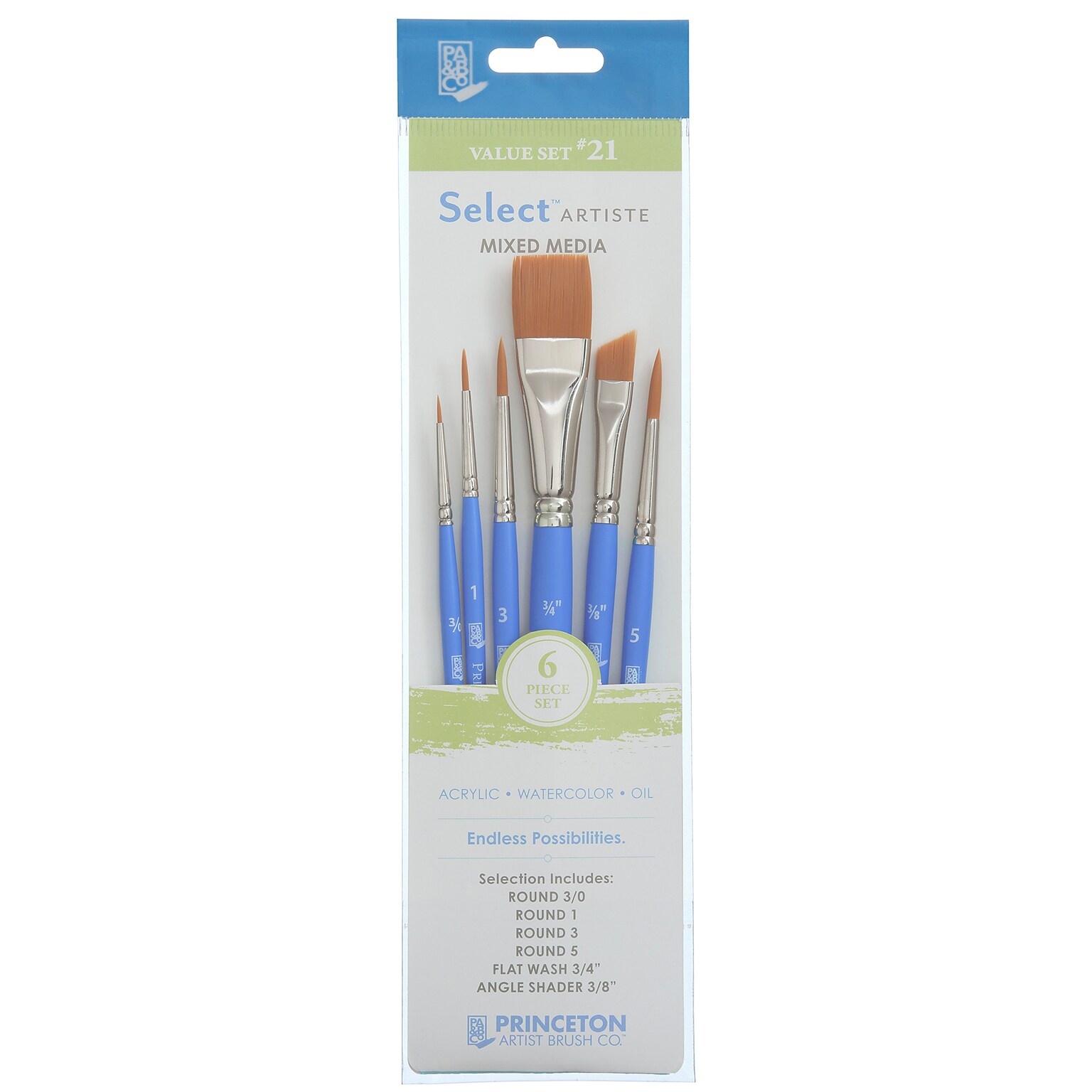 Princeton Select Artiste Mixed Media Synthetic Brush Set No. 21, 6/Pack (PBXP3750SET121)
