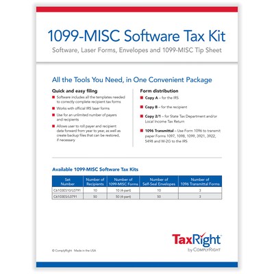 TaxRight 2025 1099-MISC Tax Form Tax Forms, Envelopes, TipSheet & Software, 4-Part, 50/Pack (SC6103ES)