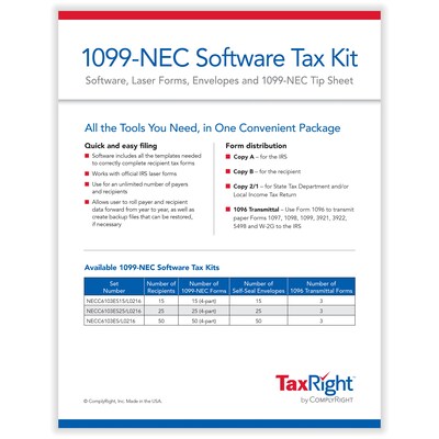 ComplyRight TaxRight 2024 1099-NEC Tax Form Tax Forms, Envelopes, TipSheet & Software, 4-Part, 15/Pa