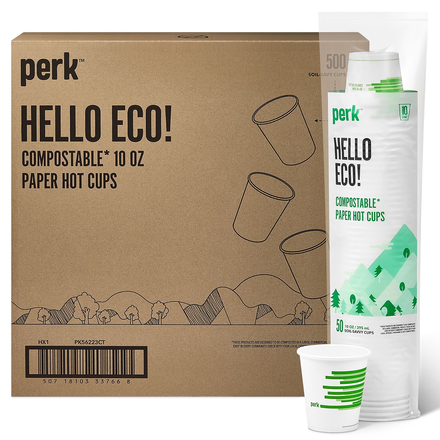 Perk™ Eco Compostable Paper Hot Cup, 10 Oz., White/Green, 500/Carton (PK56223CT)