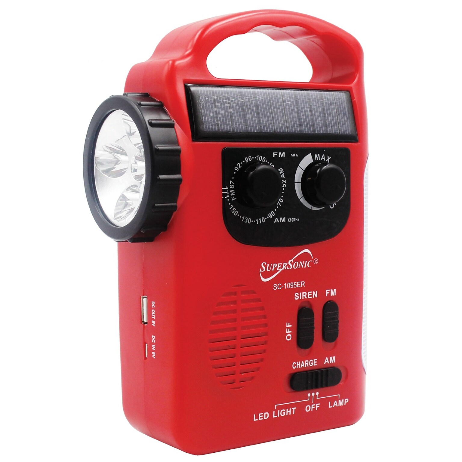 Supersonic 5-Way Emergency Solar/Hand Crank Radio, Water Resistant, Red (SSCSC1095ER)