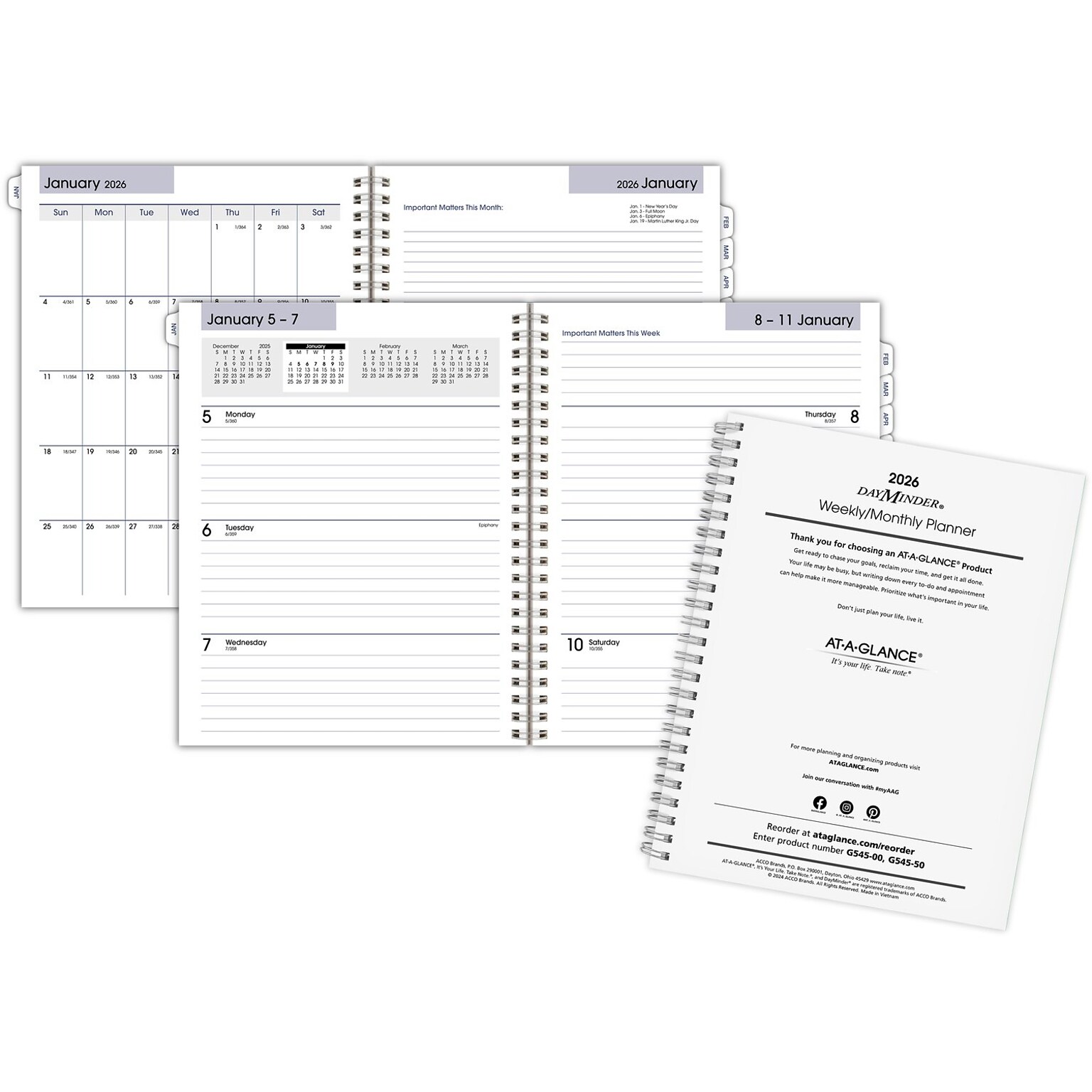 2026 AT-A-GLANCE DayMinder Executive 8.75 x 7 Weekly & Monthly Planner Refill Pages, White (G545-50-26)