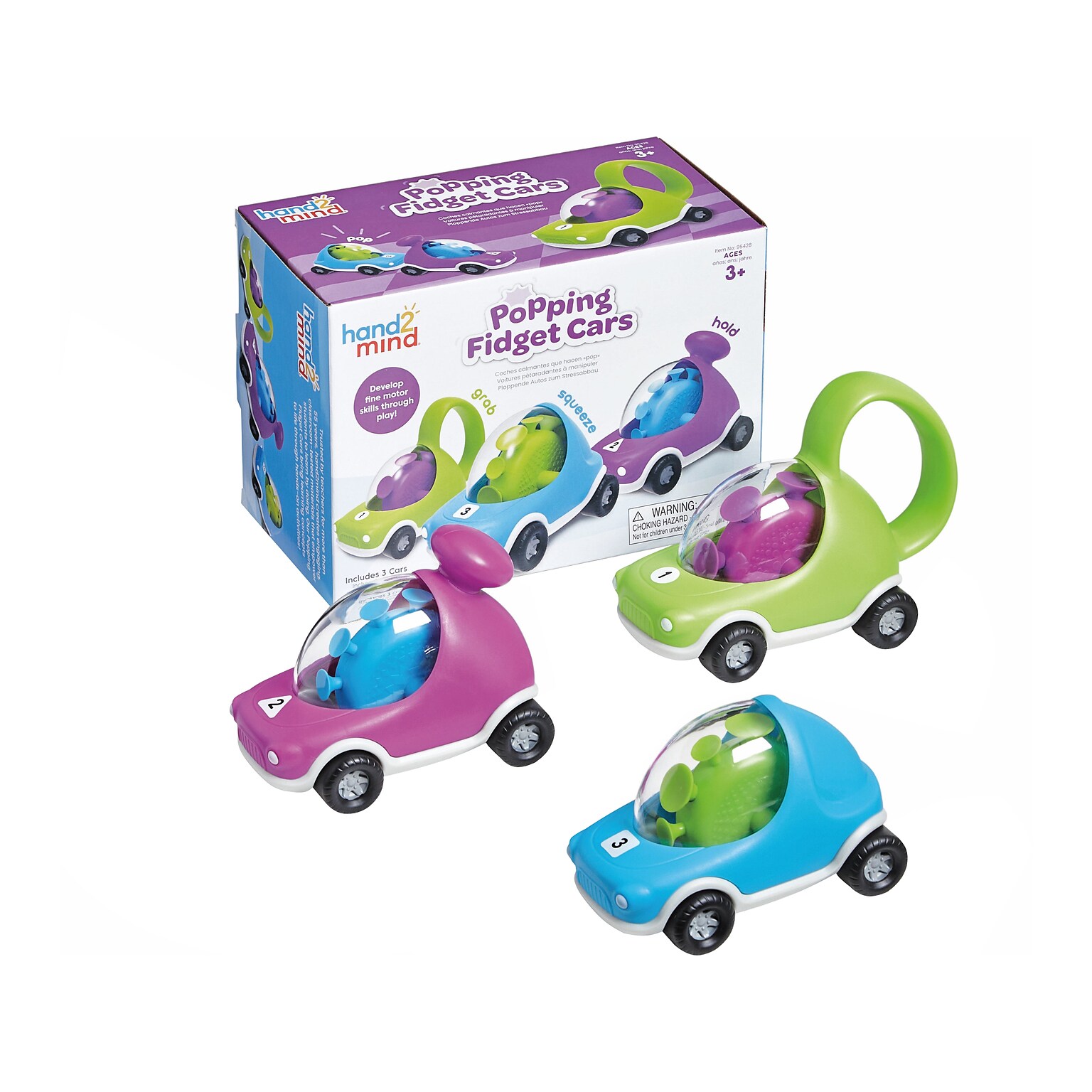 hand2mind Popping Fidget Cars, Assorted Colors, 3/Set (95428)