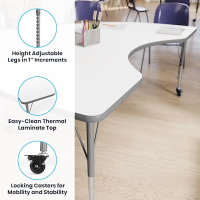 Flash Furniture Wren Kidney Activity Table, 72" x 48", Height Adjustable, White Top/Silver Frame (XUA4872KDWHTAC)